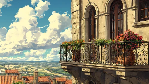 Sunlit Mediterranean balcony over tiled village rooftops.