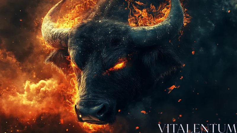 Fiery bull spirit emerging from glowing embers and smoke.