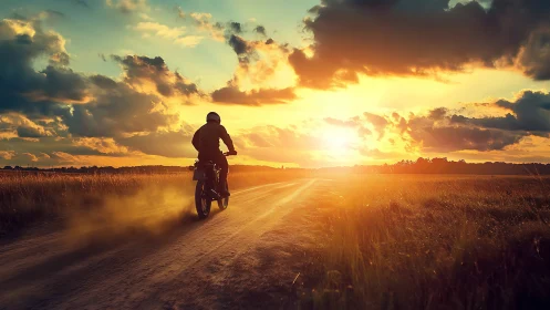 Motorcyclist rides on dusty rural road toward sunset sky