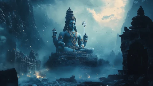 Monumental blue deity statue dominates mist-laden mountain ruins