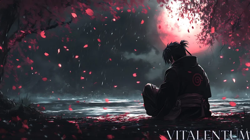 Solitary figure by lake under red moon and falling petals.