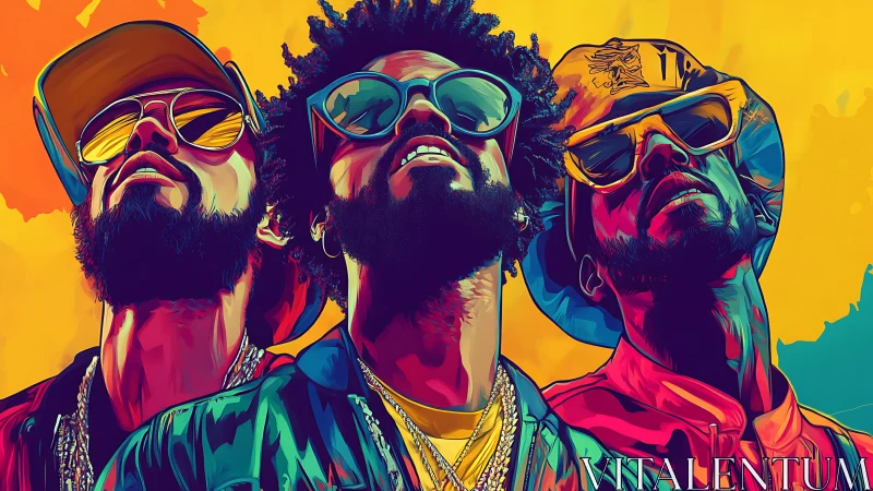 Neon hip hop trio in bold sunglasses and radiant colors.
