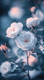 Luminous garden roses bathed in soft pink-blue chiaroscuro.