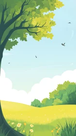 Digital pastoral landscape with tree canopy and open meadow.