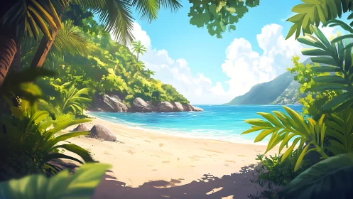 Tropical Shoreline with Palm Fronds: Stylized Digital Beach Landscape