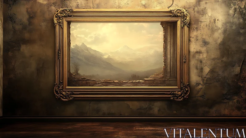 Gilded portal frame revealing atmospheric ruinous landscape.