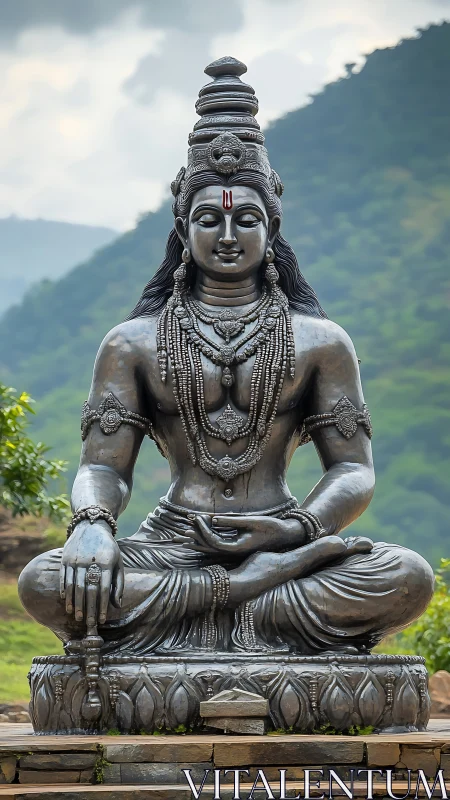 Mountain sanctuary with serene meditative stone deity figure.
