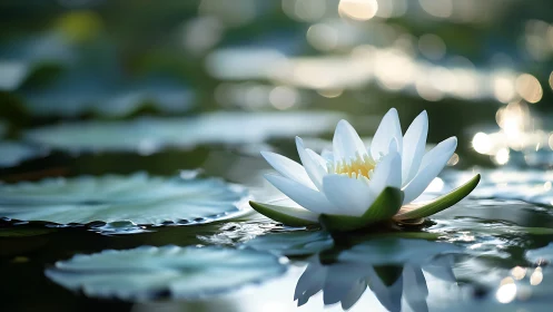 White water lily rests on reflective pond surface at dusk