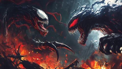 Symbiote inferno duel amid clawed shadows and crackling fire.