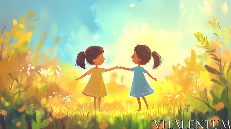 Two Girls Holding Hands in Sunlit Wildflower Meadow
