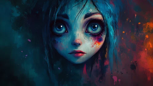 Haunting blue-haired girl stares through neon darkness.