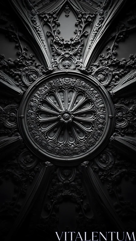 Baroque floral ceiling medallion in monochrome relief detail.