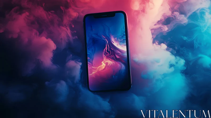 Smartphone floats in neon clouds with fluid digital art.