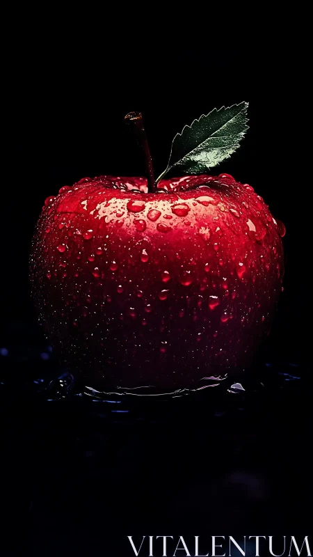 High-contrast macro study of wet red apple on black field.