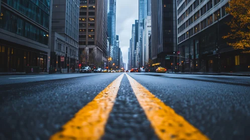 Golden city streetlines guiding a quiet urban morning.