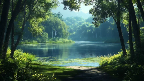 Serene Forest River with Canopy Overhead