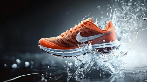 Dynamic orange Nike running shoe in splash effect, modern style.