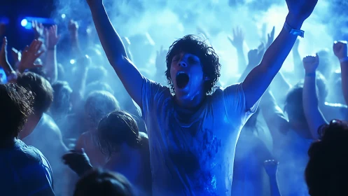 Blue-fog anthem erupts around ecstatic crowd-surf spirit.