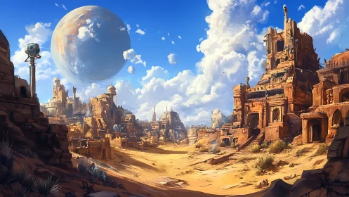 Desert planet city with towering ruins under vast sky.