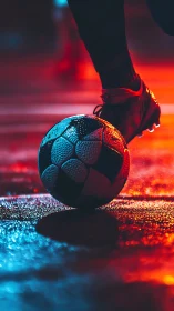 Backlit football on wet pitch under contrasting neon rim light