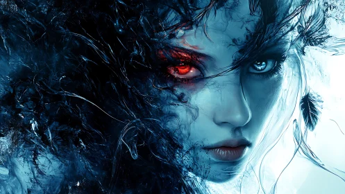 Dual-eyed elemental spirit gazes through swirling frost and flame