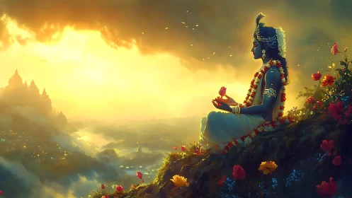 Divine blue figure in sunrise-lit valley, floral meditation focus.