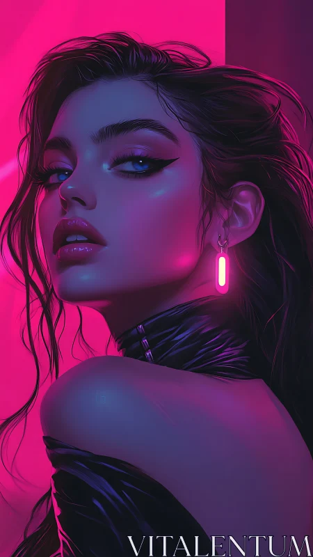 Neon siren poised in magenta dusk, eyes lit with quiet fire.