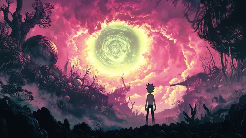 Glowing sky portal welcomes two travelers into a wild alien dawn