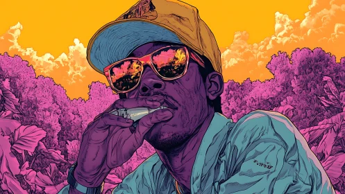 Bold stylized portrait of man smoking in neon jungle scene.