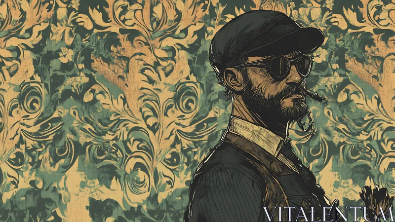 Bearded figure in etched linework against ornate grunge field.