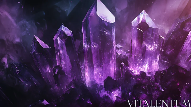 Luminous purple crystal cluster in dark cavern space.
