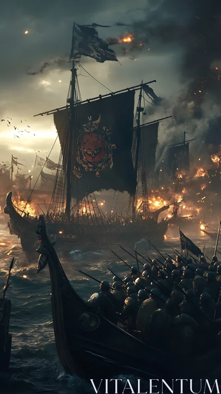 Viking longships in nocturnal naval assault, burning coastline