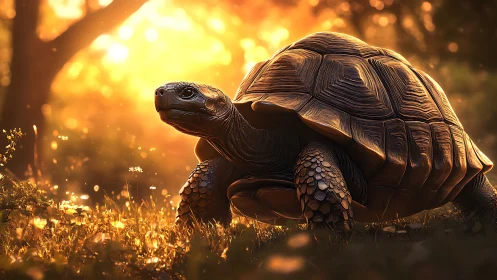 High-detail tortoise render under warm backlit golden hour illumination
