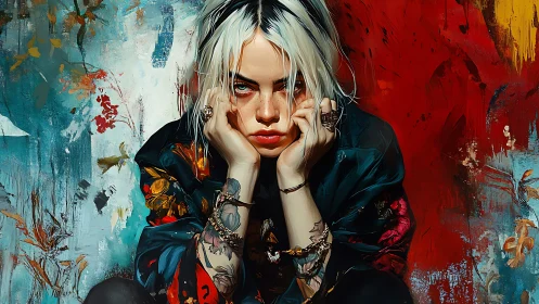Moody tattooed woman against abstract red teal backdrop