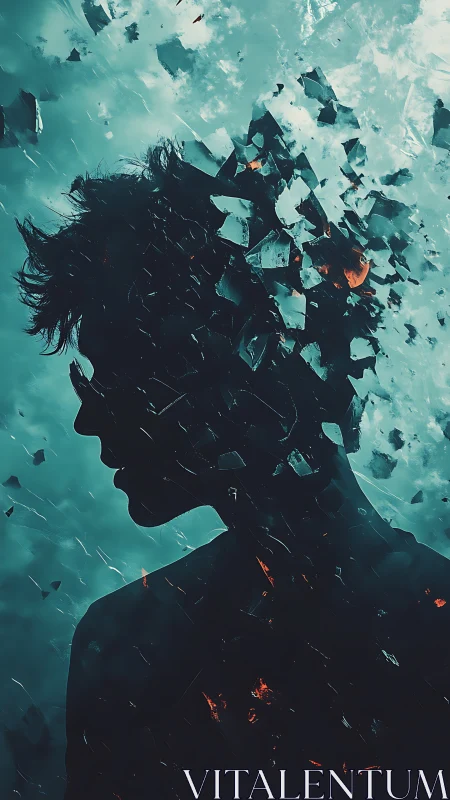 Fractured silhouette dissolves into shattering geometric debris