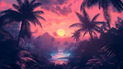 Sunset over tropical bay with silhouetted palm trees.