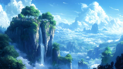 Skyward cliffs with waterfall above layered cloud sea.