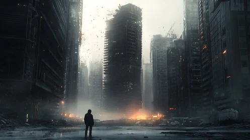Lone figure in burning post apocalyptic megacity canyon.