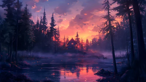 Sunset refuge cabin mirrored on tranquil forest lake.