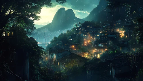 Evening hillside lights glow softly above a distant coastal city