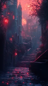 Volumetric-lit gothic stairway under incandescent crimson sky.