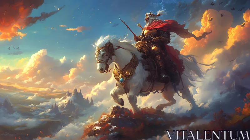 Epic fantasy rider on armored horse in luminous skyscape.