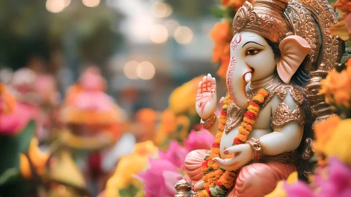 Ganesha idol sits amid vibrant flowers with warm bokeh lights
