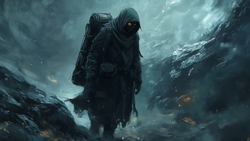 Hooded wasteland wanderer in stormlit icy ravine.
