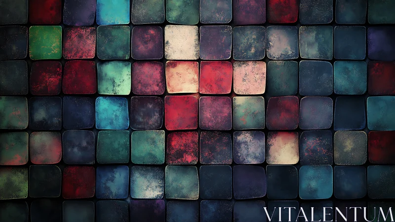 Chromatic patina grid of beveled squares under diffuse light.