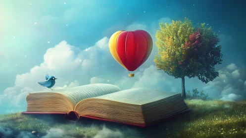 Surreal digital painting of open storybook with heart balloon.