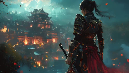 Cinematic digital painting of samurai overlooking burning citadel.