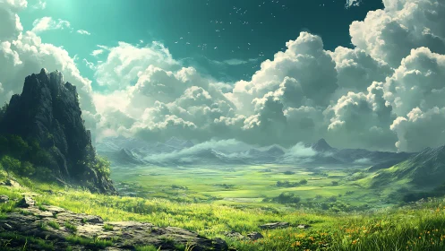 Wide valley landscape extends under dense cumulus clouds.