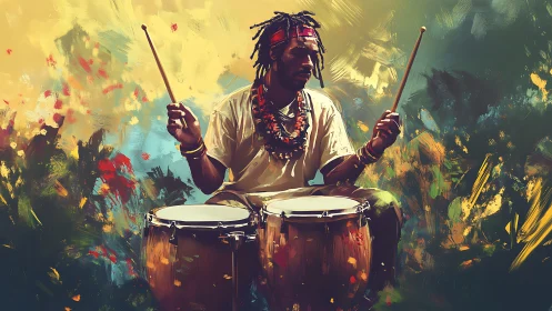 Dynamic conga drummer framed by vibrant abstract color field.