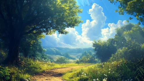 Forest vista with valley vista through trees and billowed clouds overhead.